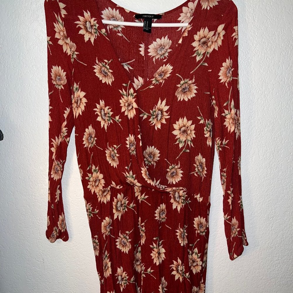 Forever 21 Long Sleeve Romper Red Yellow Sunflower Medium